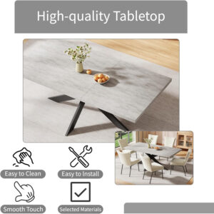 ZckyCine 6-8 Person Modern Rectangular Dining Table Set, 51-67 Inch Expandable Space-Saving Metal Frame Dining Table with Gray Table and 6 Black Chairs for Kitchen or Dining Room