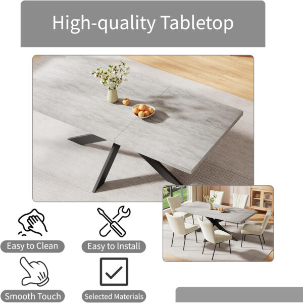 ZckyCine 6-8 Person Modern Rectangular Dining Table Set, 51-67 Inch Expandable Space-Saving Metal Frame Dining Table with Gray Table and 6 Black Chairs for Kitchen or Dining Room