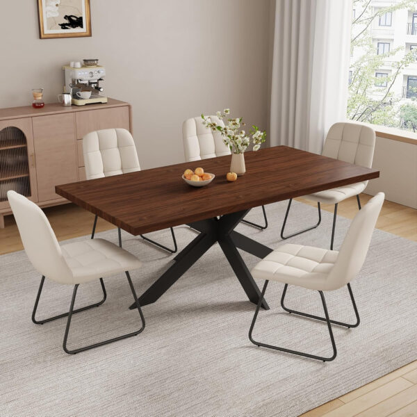 ZckyCine 6-8 Person Modern Rectangular Dining Table Set, 51-67 Inch Expandable Space-Saving Metal Frame Dining Table with Gray Table and 6 Black Chairs for Kitchen or Dining Room