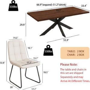 ZckyCine 6-8 Person Modern Rectangular Dining Table Set, 51-67 Inch Expandable Space-Saving Metal Frame Dining Table with Gray Table and 6 Black Chairs for Kitchen or Dining Room