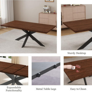 ZckyCine 6-8 Person Modern Rectangular Dining Table Set, 51-67 Inch Expandable Space-Saving Metal Frame Dining Table with Gray Table and 6 Black Chairs for Kitchen or Dining Room