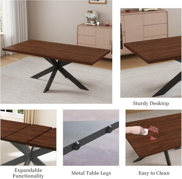 ZckyCine 6-8 Person Modern Rectangular Dining Table Set, 51-67 Inch Expandable Space-Saving Metal Frame Dining Table with Gray Table and 6 Black Chairs for Kitchen or Dining Room