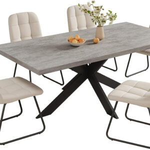 ZckyCine 6-8 Person Modern Rectangular Dining Table Set, 51-67 Inch Expandable Space-Saving Metal Frame Dining Table with Gray Table and 6 Black Chairs for Kitchen or Dining Room