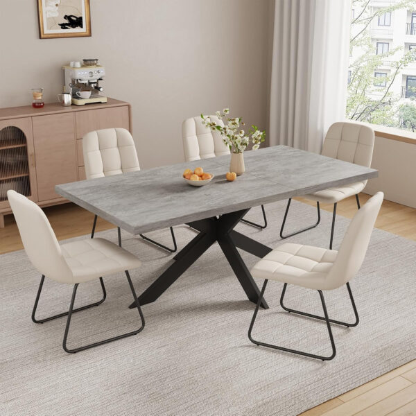ZckyCine 6-8 Person Modern Rectangular Dining Table Set, 51-67 Inch Expandable Space-Saving Metal Frame Dining Table with Gray Table and 6 Black Chairs for Kitchen or Dining Room