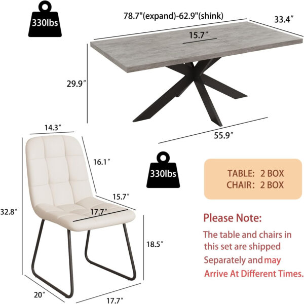ZckyCine 6-8 Person Modern Rectangular Dining Table Set, 51-67 Inch Expandable Space-Saving Metal Frame Dining Table with Gray Table and 6 Black Chairs for Kitchen or Dining Room