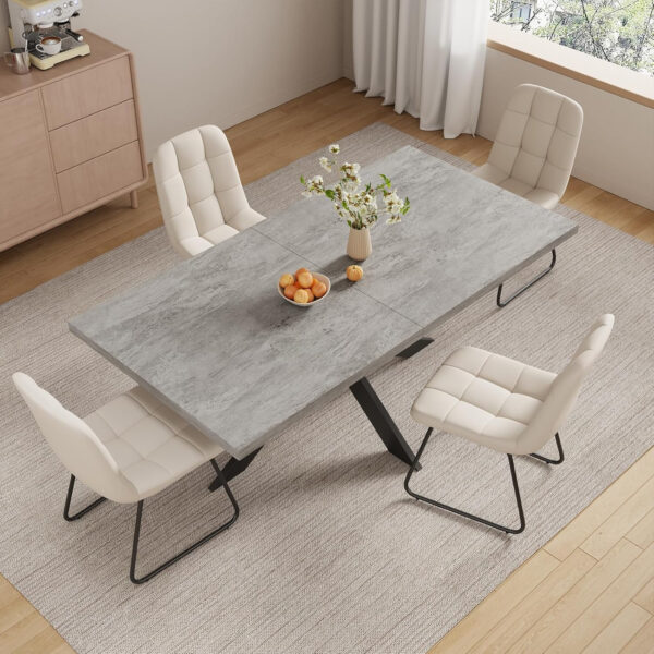 ZckyCine 6-8 Person Modern Rectangular Dining Table Set, 51-67 Inch Expandable Space-Saving Metal Frame Dining Table with Gray Table and 6 Black Chairs for Kitchen or Dining Room