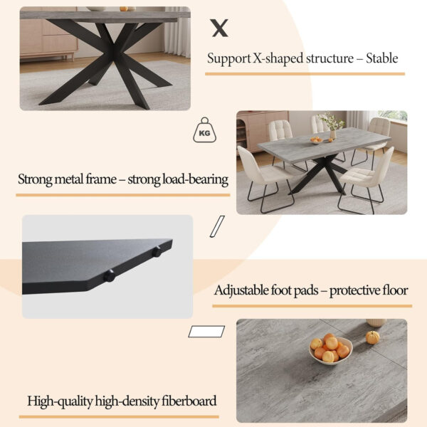 ZckyCine 6-8 Person Modern Rectangular Dining Table Set, 51-67 Inch Expandable Space-Saving Metal Frame Dining Table with Gray Table and 6 Black Chairs for Kitchen or Dining Room