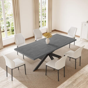 ZckyCine 6-8 Person Modern Rectangular Dining Table Set, 51-67 Inch Expandable Space-Saving Metal Frame Dining Table with Gray Table and 6 Black Chairs for Kitchen or Dining Room