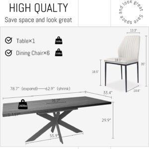 ZckyCine 6-8 Person Modern Rectangular Dining Table Set, 51-67 Inch Expandable Space-Saving Metal Frame Dining Table with Gray Table and 6 Black Chairs for Kitchen or Dining Room