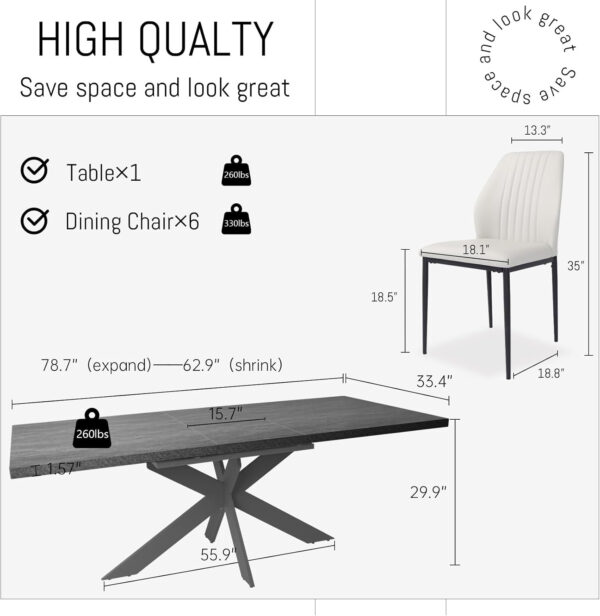 ZckyCine 6-8 Person Modern Rectangular Dining Table Set, 51-67 Inch Expandable Space-Saving Metal Frame Dining Table with Gray Table and 6 Black Chairs for Kitchen or Dining Room