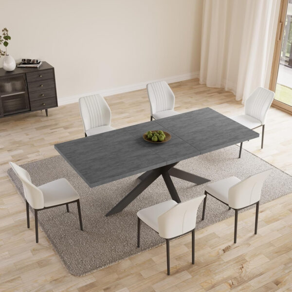 ZckyCine 6-8 Person Modern Rectangular Dining Table Set, 51-67 Inch Expandable Space-Saving Metal Frame Dining Table with Gray Table and 6 Black Chairs for Kitchen or Dining Room