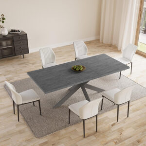 ZckyCine 6-8 Person Modern Rectangular Dining Table Set, 51-67 Inch Expandable Space-Saving Metal Frame Dining Table with Gray Table and 6 Black Chairs for Kitchen or Dining Room