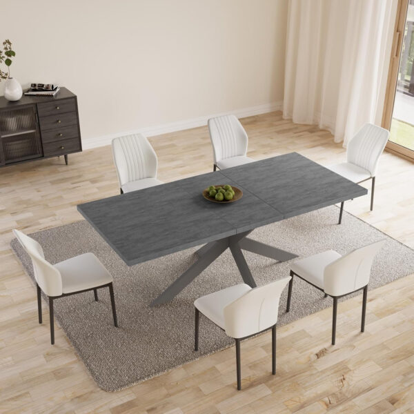 ZckyCine 6-8 Person Modern Rectangular Dining Table Set, 51-67 Inch Expandable Space-Saving Metal Frame Dining Table with Gray Table and 6 Black Chairs for Kitchen or Dining Room