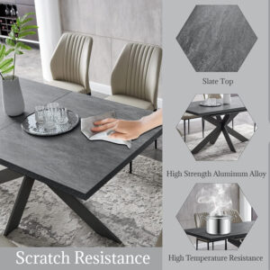 ZckyCine 6-8 Person Modern Rectangular Dining Table Set, 51-67 Inch Expandable Space-Saving Metal Frame Dining Table with Gray Table and 6 Black Chairs for Kitchen or Dining Room