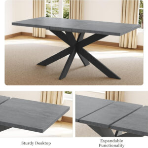 ZckyCine 6-8 Person Modern Rectangular Dining Table Set, 51-67 Inch Expandable Space-Saving Metal Frame Dining Table with Gray Table and 6 Black Chairs for Kitchen or Dining Room