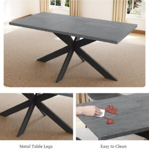 ZckyCine 6-8 Person Modern Rectangular Dining Table Set, 51-67 Inch Expandable Space-Saving Metal Frame Dining Table with Gray Table and 6 Black Chairs for Kitchen or Dining Room