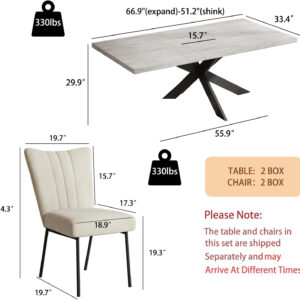 ZckyCine 6-8 Person Modern Rectangular Dining Table Set, 51-67 Inch Expandable Space-Saving Metal Frame Dining Table with Gray Table and 6 Black Chairs for Kitchen or Dining Room