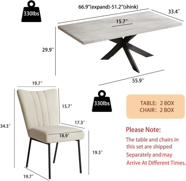 ZckyCine 6-8 Person Modern Rectangular Dining Table Set, 51-67 Inch Expandable Space-Saving Metal Frame Dining Table with Gray Table and 6 Black Chairs for Kitchen or Dining Room