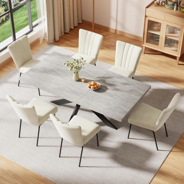 ZckyCine 6-8 Person Modern Rectangular Dining Table Set, 51-67 Inch Expandable Space-Saving Metal Frame Dining Table with Gray Table and 6 Black Chairs for Kitchen or Dining Room