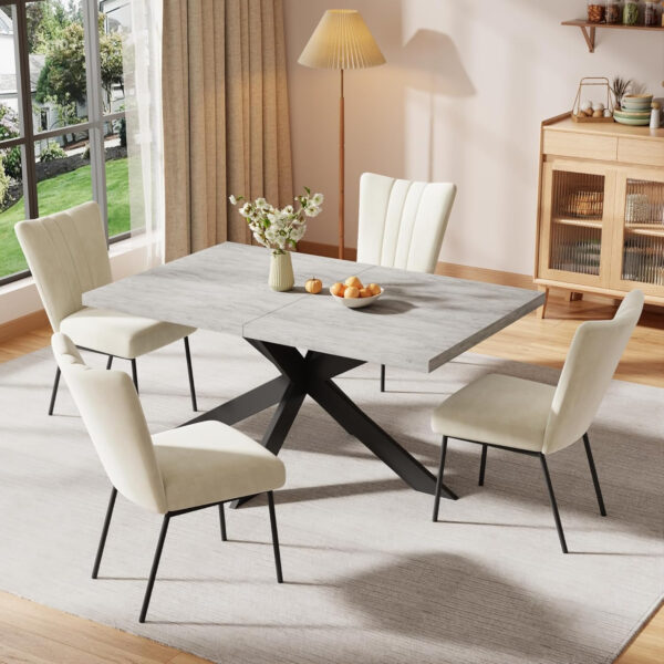 ZckyCine 6-8 Person Modern Rectangular Dining Table Set, 51-67 Inch Expandable Space-Saving Metal Frame Dining Table with Gray Table and 6 Black Chairs for Kitchen or Dining Room