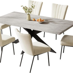 ZckyCine 6-8 Person Modern Rectangular Dining Table Set, 51-67 Inch Expandable Space-Saving Metal Frame Dining Table with Gray Table and 6 Black Chairs for Kitchen or Dining Room