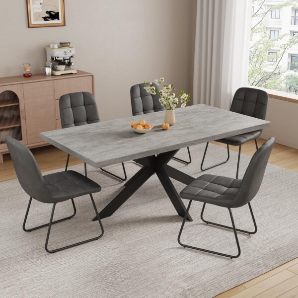 ZckyCine 6-8 Person Modern Rectangular Dining Table Set, 51-67 Inch Expandable Space-Saving Metal Frame Dining Table with Gray Table and 6 Black Chairs for Kitchen or Dining Room