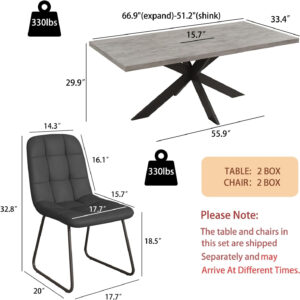 ZckyCine 6-8 Person Modern Rectangular Dining Table Set, 51-67 Inch Expandable Space-Saving Metal Frame Dining Table with Gray Table and 6 Black Chairs for Kitchen or Dining Room