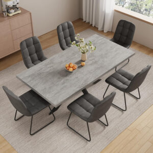 ZckyCine 6-8 Person Modern Rectangular Dining Table Set, 51-67 Inch Expandable Space-Saving Metal Frame Dining Table with Gray Table and 6 Black Chairs for Kitchen or Dining Room