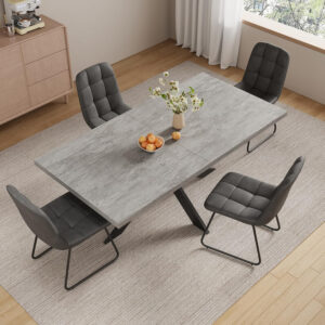 ZckyCine 6-8 Person Modern Rectangular Dining Table Set, 51-67 Inch Expandable Space-Saving Metal Frame Dining Table with Gray Table and 6 Black Chairs for Kitchen or Dining Room