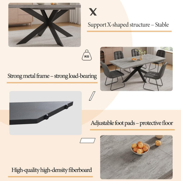 ZckyCine 6-8 Person Modern Rectangular Dining Table Set, 51-67 Inch Expandable Space-Saving Metal Frame Dining Table with Gray Table and 6 Black Chairs for Kitchen or Dining Room