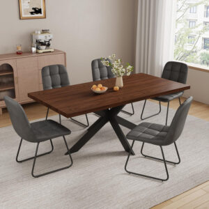 ZckyCine 6-8 Person Modern Rectangular Dining Table Set, 51-67 Inch Expandable Space-Saving Metal Frame Dining Table with Gray Table and 6 Black Chairs for Kitchen or Dining Room