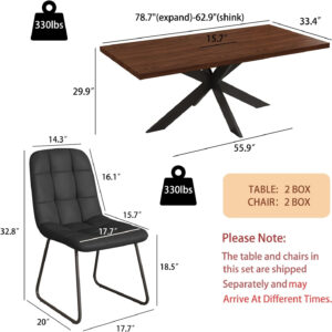 ZckyCine 6-8 Person Modern Rectangular Dining Table Set, 51-67 Inch Expandable Space-Saving Metal Frame Dining Table with Gray Table and 6 Black Chairs for Kitchen or Dining Room