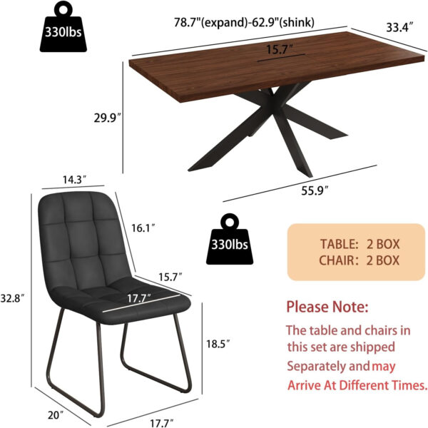 ZckyCine 6-8 Person Modern Rectangular Dining Table Set, 51-67 Inch Expandable Space-Saving Metal Frame Dining Table with Gray Table and 6 Black Chairs for Kitchen or Dining Room