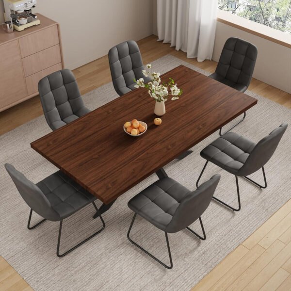 ZckyCine 6-8 Person Modern Rectangular Dining Table Set, 51-67 Inch Expandable Space-Saving Metal Frame Dining Table with Gray Table and 6 Black Chairs for Kitchen or Dining Room