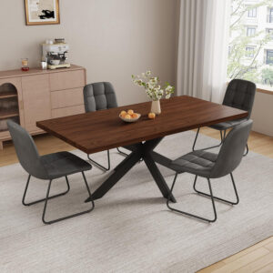 ZckyCine 6-8 Person Modern Rectangular Dining Table Set, 51-67 Inch Expandable Space-Saving Metal Frame Dining Table with Gray Table and 6 Black Chairs for Kitchen or Dining Room