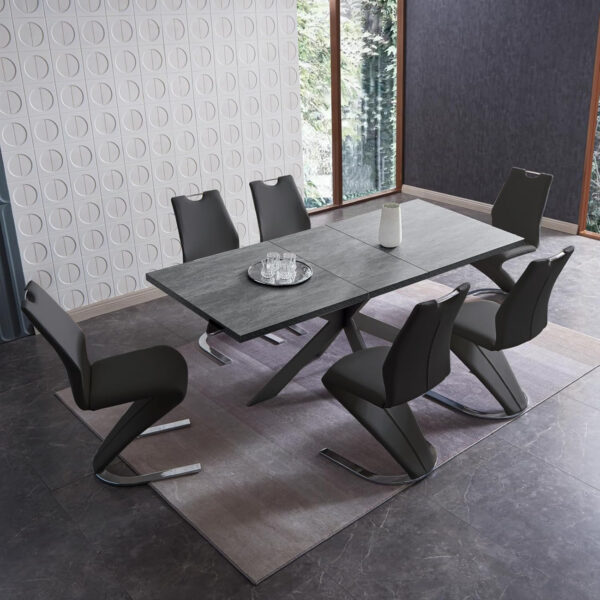 ZckyCine 6-8 Person Modern Rectangular Dining Table Set, 51-67 Inch Expandable Space-Saving Metal Frame Dining Table with Gray Table and 6 Black Chairs for Kitchen or Dining Room