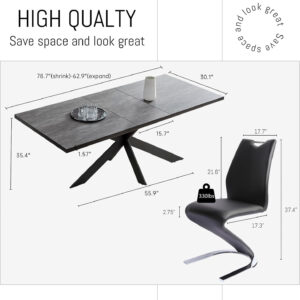 ZckyCine 6-8 Person Modern Rectangular Dining Table Set, 51-67 Inch Expandable Space-Saving Metal Frame Dining Table with Gray Table and 6 Black Chairs for Kitchen or Dining Room