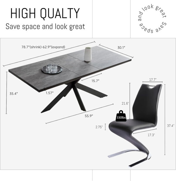 ZckyCine 6-8 Person Modern Rectangular Dining Table Set, 51-67 Inch Expandable Space-Saving Metal Frame Dining Table with Gray Table and 6 Black Chairs for Kitchen or Dining Room