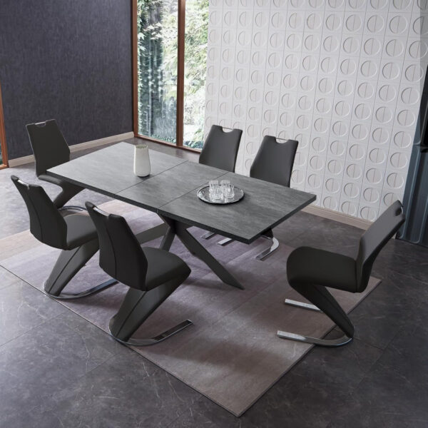 ZckyCine 6-8 Person Modern Rectangular Dining Table Set, 51-67 Inch Expandable Space-Saving Metal Frame Dining Table with Gray Table and 6 Black Chairs for Kitchen or Dining Room