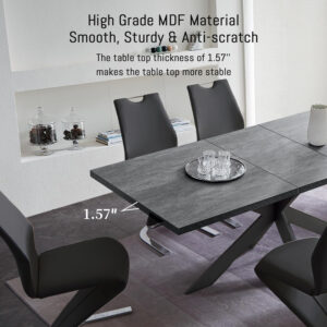 ZckyCine 6-8 Person Modern Rectangular Dining Table Set, 51-67 Inch Expandable Space-Saving Metal Frame Dining Table with Gray Table and 6 Black Chairs for Kitchen or Dining Room