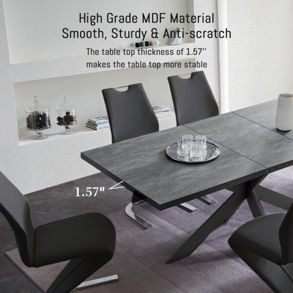 ZckyCine 6-8 Person Modern Rectangular Dining Table Set, 51-67 Inch Expandable Space-Saving Metal Frame Dining Table with Gray Table and 6 Black Chairs for Kitchen or Dining Room