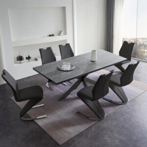 ZckyCine 6-8 Person Modern Rectangular Dining Table Set, 51-67 Inch Expandable Space-Saving Metal Frame Dining Table with Gray Table and 6 Black Chairs for Kitchen or Dining Room