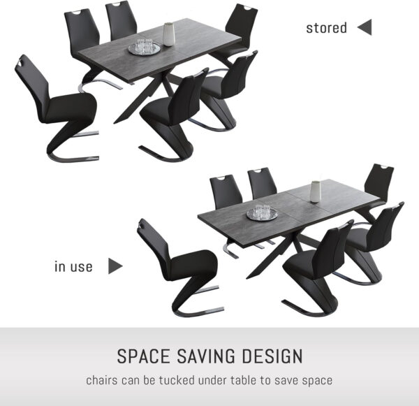 ZckyCine 6-8 Person Modern Rectangular Dining Table Set, 51-67 Inch Expandable Space-Saving Metal Frame Dining Table with Gray Table and 6 Black Chairs for Kitchen or Dining Room