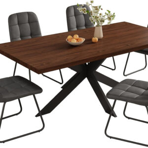 ZckyCine 6-8 Person Modern Rectangular Dining Table Set, 51-67 Inch Expandable Space-Saving Metal Frame Dining Table with Gray Table and 6 Black Chairs for Kitchen or Dining Room