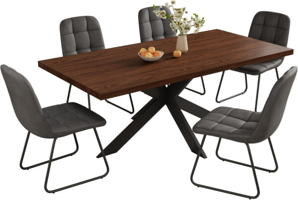 ZckyCine 6-8 Person Modern Rectangular Dining Table Set, 51-67 Inch Expandable Space-Saving Metal Frame Dining Table with Gray Table and 6 Black Chairs for Kitchen or Dining Room