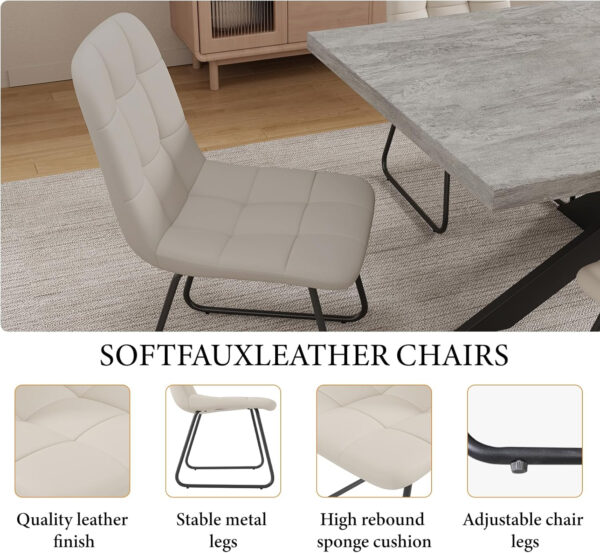 ZckyCine 6-8 Person Modern Rectangular Dining Table Set, 51-67 Inch Expandable Space-Saving Metal Frame Dining Table with Gray Table and 6 Black Chairs for Kitchen or Dining Room