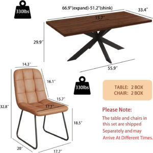 ZckyCine 6-8 Person Modern Rectangular Dining Table Set, 51-67 Inch Expandable Space-Saving Metal Frame Dining Table with Gray Table and 6 Black Chairs for Kitchen or Dining Room