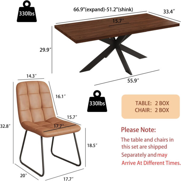 ZckyCine 6-8 Person Modern Rectangular Dining Table Set, 51-67 Inch Expandable Space-Saving Metal Frame Dining Table with Gray Table and 6 Black Chairs for Kitchen or Dining Room