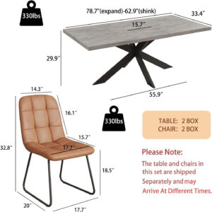 ZckyCine 6-8 Person Modern Rectangular Dining Table Set, 51-67 Inch Expandable Space-Saving Metal Frame Dining Table with Gray Table and 6 Black Chairs for Kitchen or Dining Room