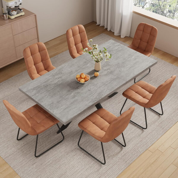 ZckyCine 6-8 Person Modern Rectangular Dining Table Set, 51-67 Inch Expandable Space-Saving Metal Frame Dining Table with Gray Table and 6 Black Chairs for Kitchen or Dining Room